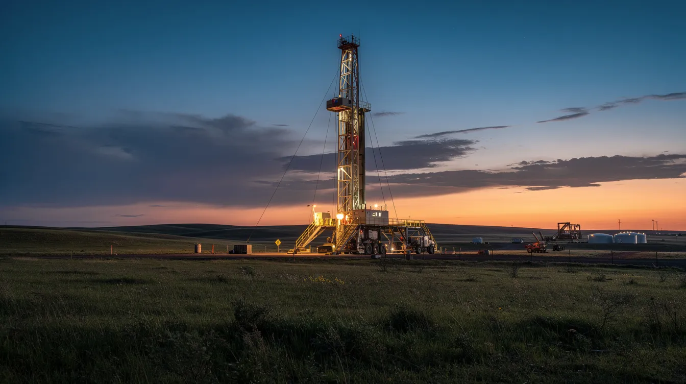 The image shows an oil drilling rig prominently positioned in an open field during dusk, with a colorful sky transitioning from orange to deep blue. This scene reflects the oil and gas industry, highlighting the importance of drilling companies and their operations in energy production.