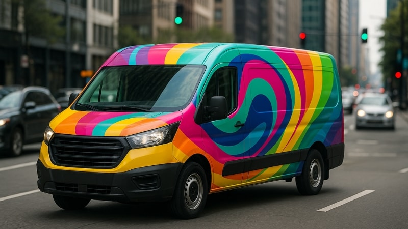 Vibrant colored vinyl wrap on van for attention of people around