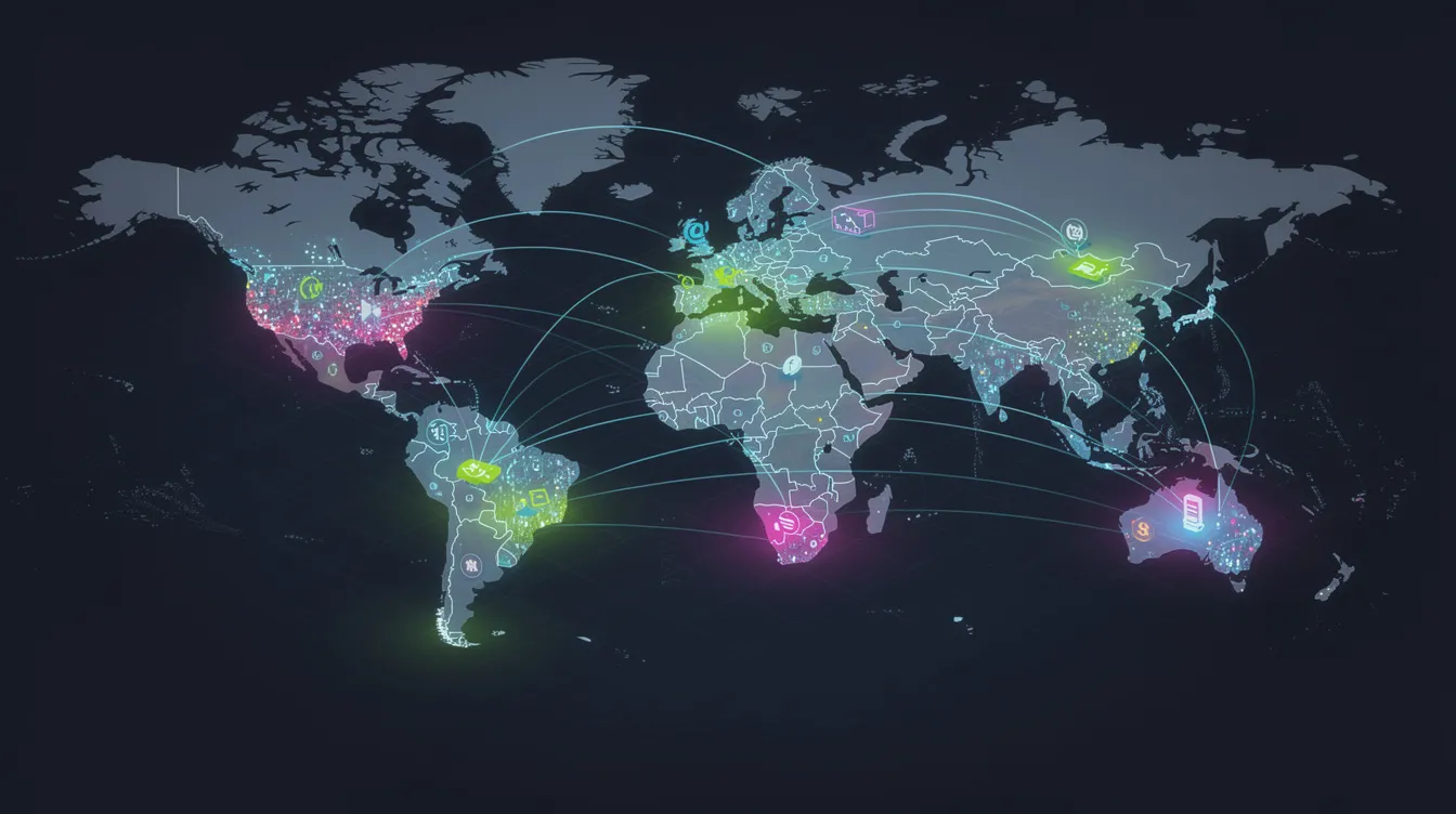 The image depicts a global financial technology network visualization, showcasing interconnected nodes that symbolize cross-border transactions. This representation highlights the complex relationships and interactions within the cryptocurrency market, including elements that could influence XRP price predictions and market conditions.