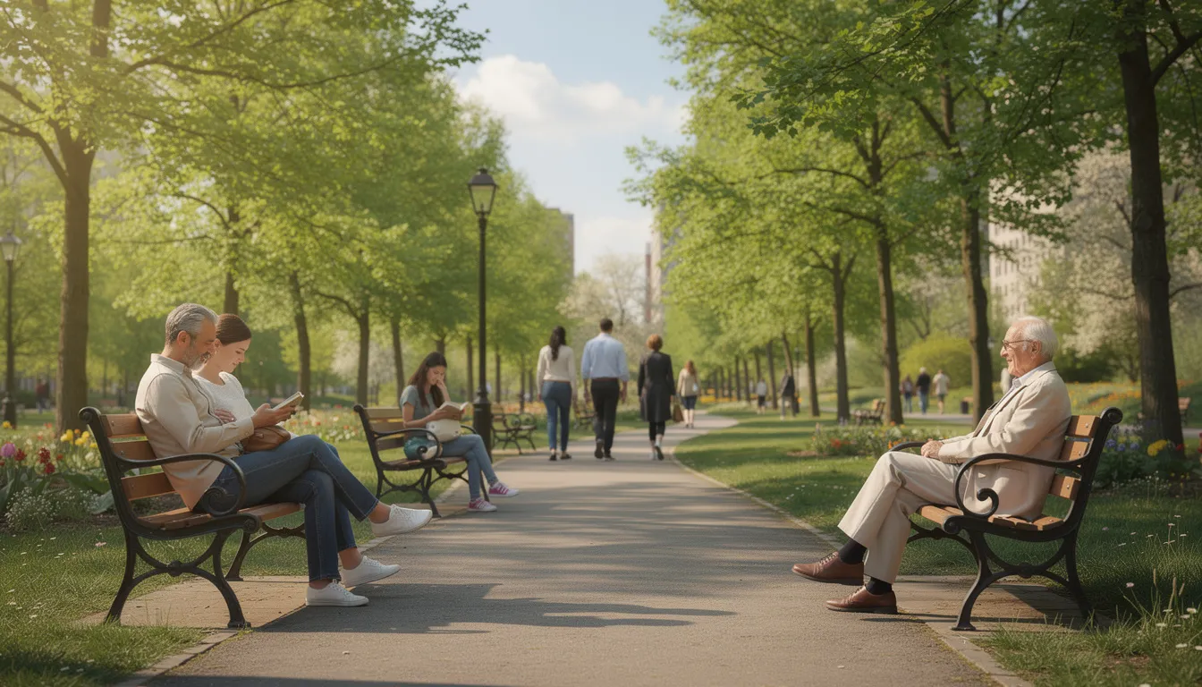 W parku w starym Żoliborzu w Warszawie znajduje się alejka spacerowa, przy której odpoczywają ludzie na ławkach, ciesząc się otaczającą ich zielenią i spokojem tej klimatycznej dzielnicy. W tle słychać śpiew ptaków oraz szum liści, co tworzy relaksującą atmosferę.