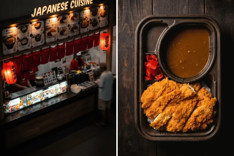 A split view showing a bustling Japanese Cuisine food stall decorated with red noren curtains and lanterns on the left, and a convenient takeout bento box featuring a large fried cutlet, rice, red pickles, and a separate compartment for curry sauce on the right.