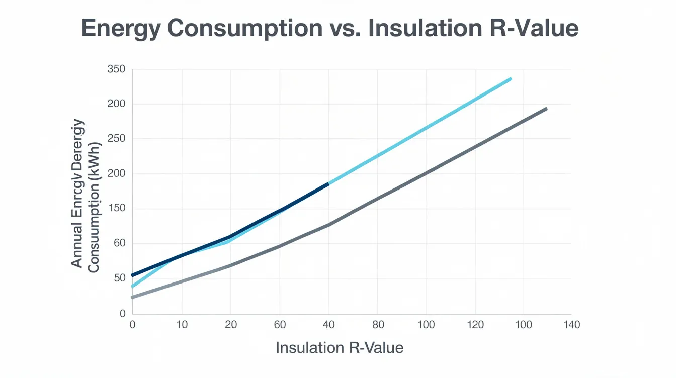 The image illustrates a graph depicting the relationship between energy consumption and insulation R-value, emphasizing how proper insulation materials can significantly enhance sauna efficiency. It highlights the importance of high R-values in retaining heat and minimizing energy waste for sauna owners.