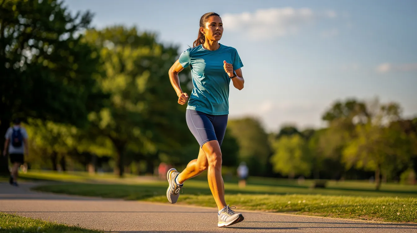 The image shows a person jogging outdoors in athletic clothing, promoting cardiovascular health through physical activity. Engaging in regular exercise like jogging can help lower the risk of cardiovascular disease and improve overall health outcomes, especially for older adults.
