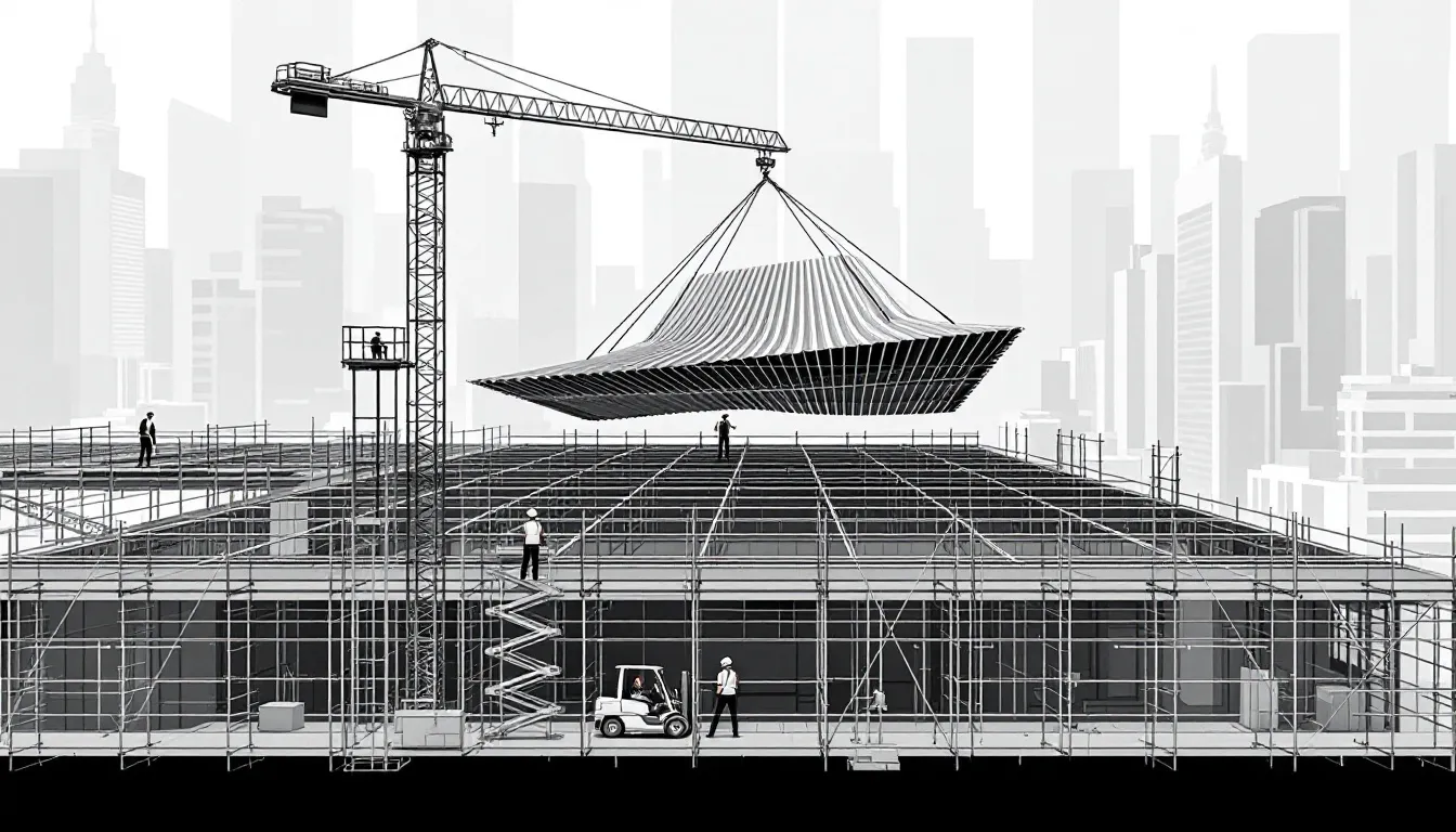 Installation process of scaffold roof sheets.