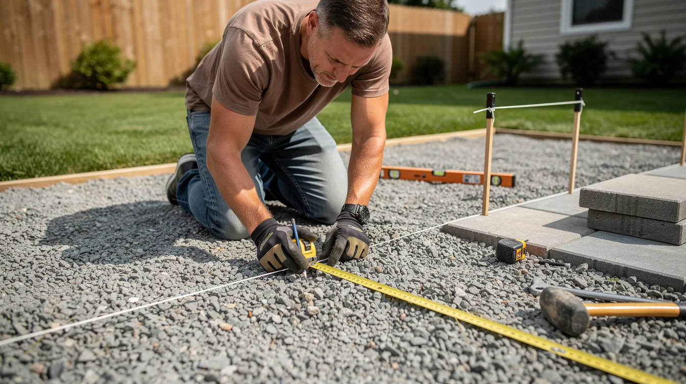 A person is kneeling on a flat gravel surface, using a tape measure to carefully mark out dimensions for a backyard patio project. The area is prepared with crushed limestone and gravel, indicating the start of a construction process for a durable outdoor space.