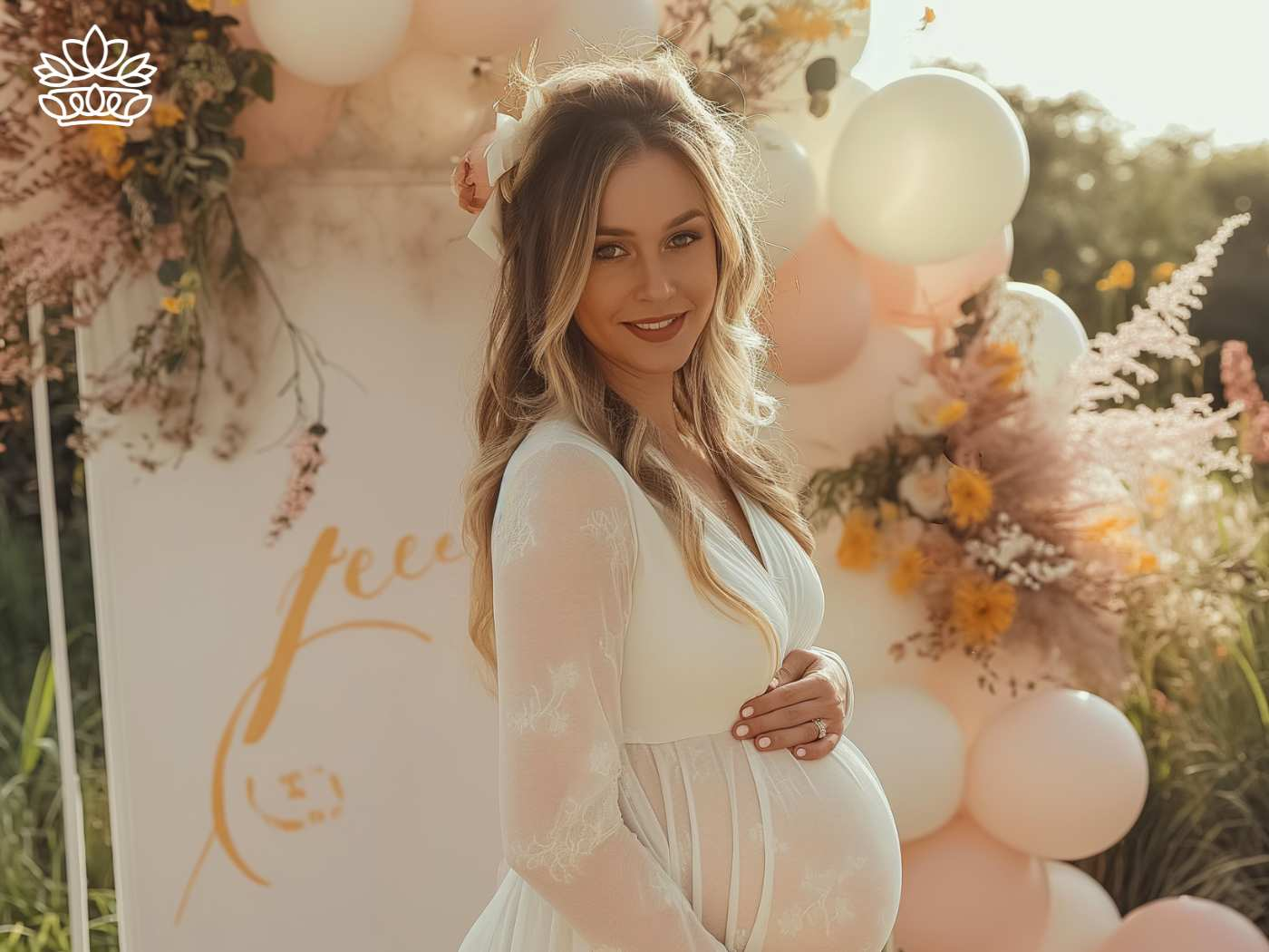 Radiant expecting mother at a baby shower adorned with lush florals and pastel balloons, celebrating a new beginning, enhanced by Fabulous Flowers and Gifts.
