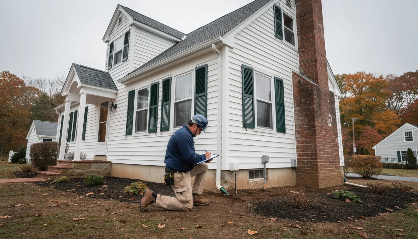 A licensed home inspector is examining the exterior foundation of a traditional New England style house, focusing on the structural components to identify any potential issues or necessary repairs. This inspection is crucial for assessing the property's condition and ensuring the home meets safety standards before the sale.