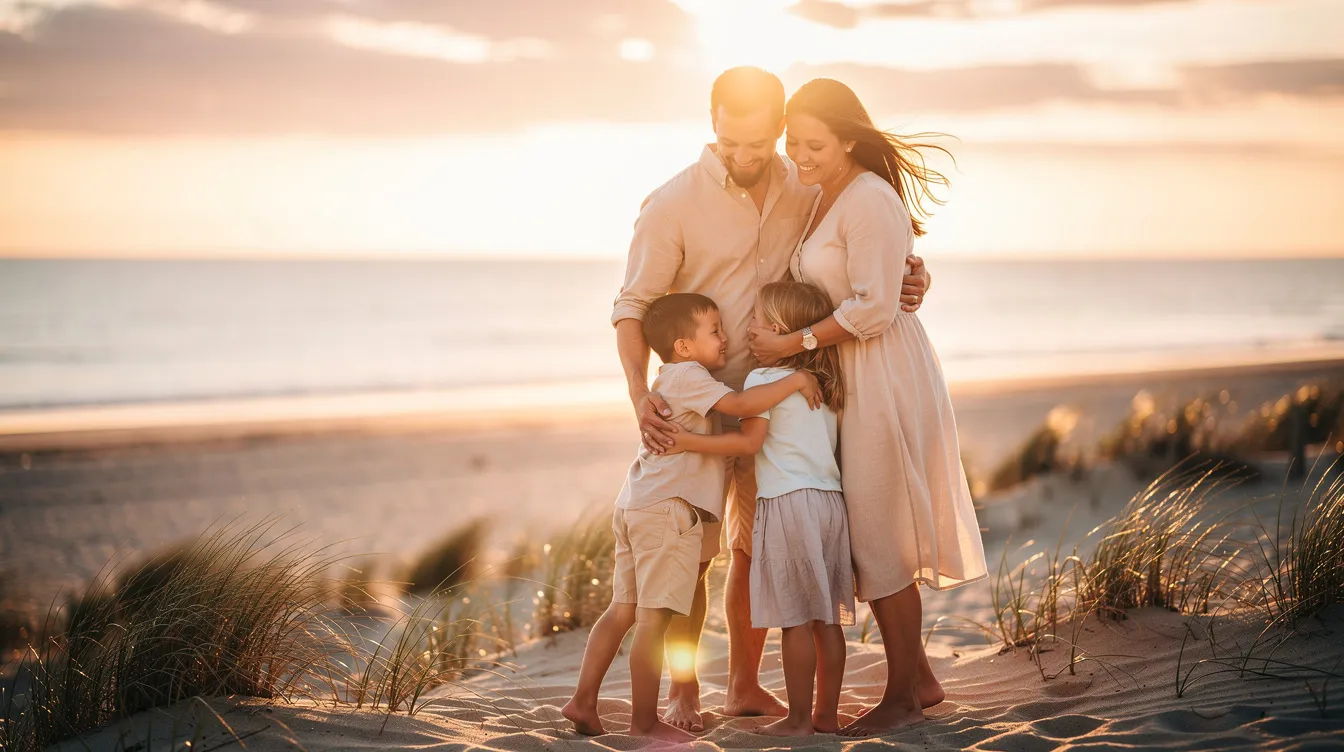 A family of four is embracing each other outdoors near a sunlit beach, radiating warmth and connection, symbolizing the importance of supportive relationships in overcoming mental health challenges. This moment reflects the essence of family support groups, where members share experiences and develop coping skills to foster hope and healing.