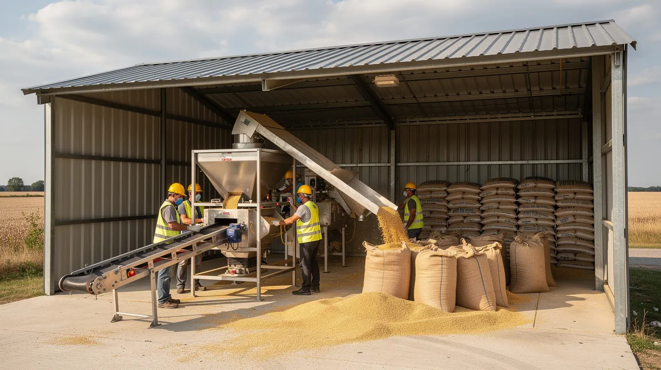 586faa4b 68aa 4cdd 91c8 b381899f5d7b The image shows a small industrial food processing shed with a steel roof, where workers are operating various grain machinery inside. The scene highlights the manufacturing process of flattened rice, including raw material procurement and the use of equipment for cleaning, drying, and packaging the product.
