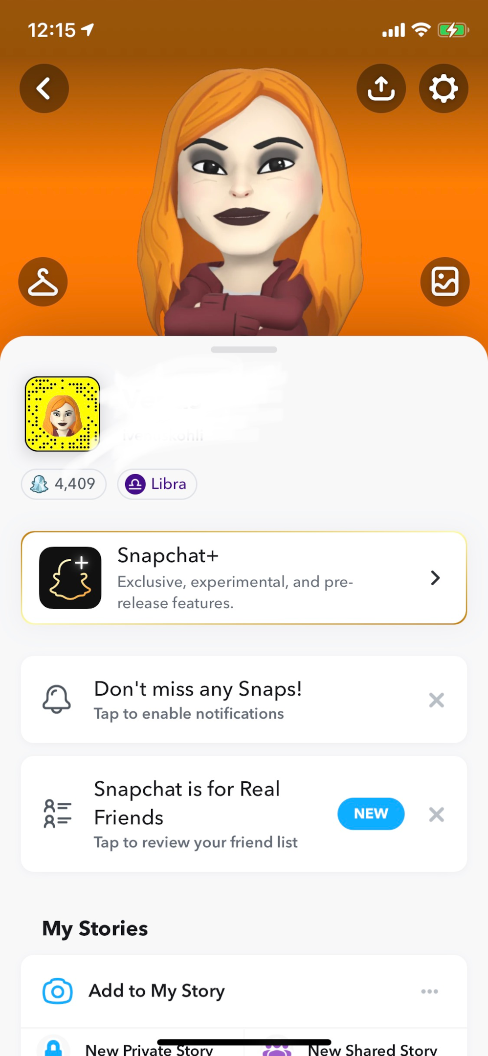 Screenshot of Snapchat profile