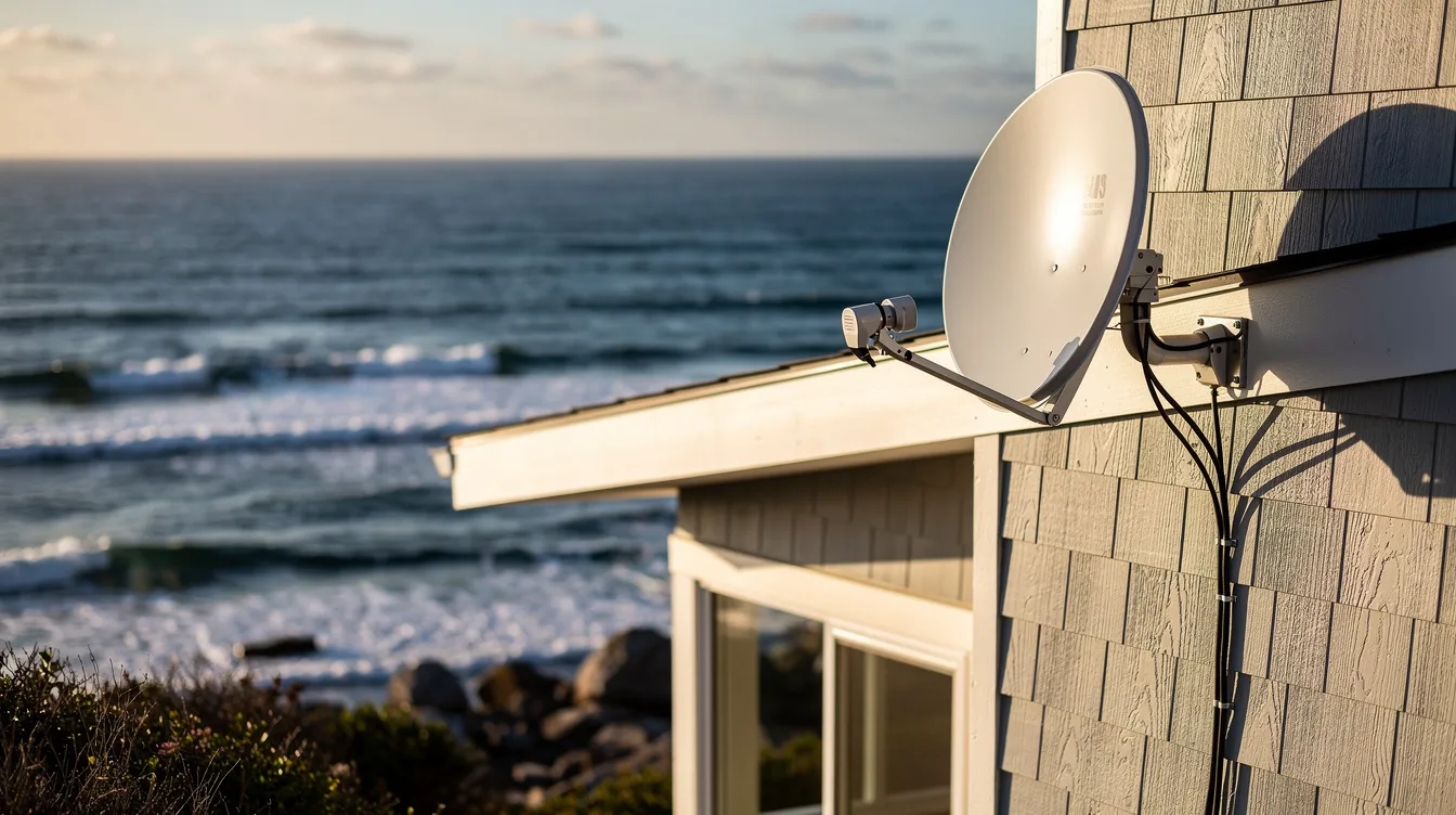 A satellite dish is mounted on the roof of a coastal home, with the ocean visible in the background, illustrating a scenic location ideal for DSTV installations. This setup ensures reliable reception for crystal clear viewing of favorite shows, highlighting the benefits of professional DSTV installers in Hermanus.