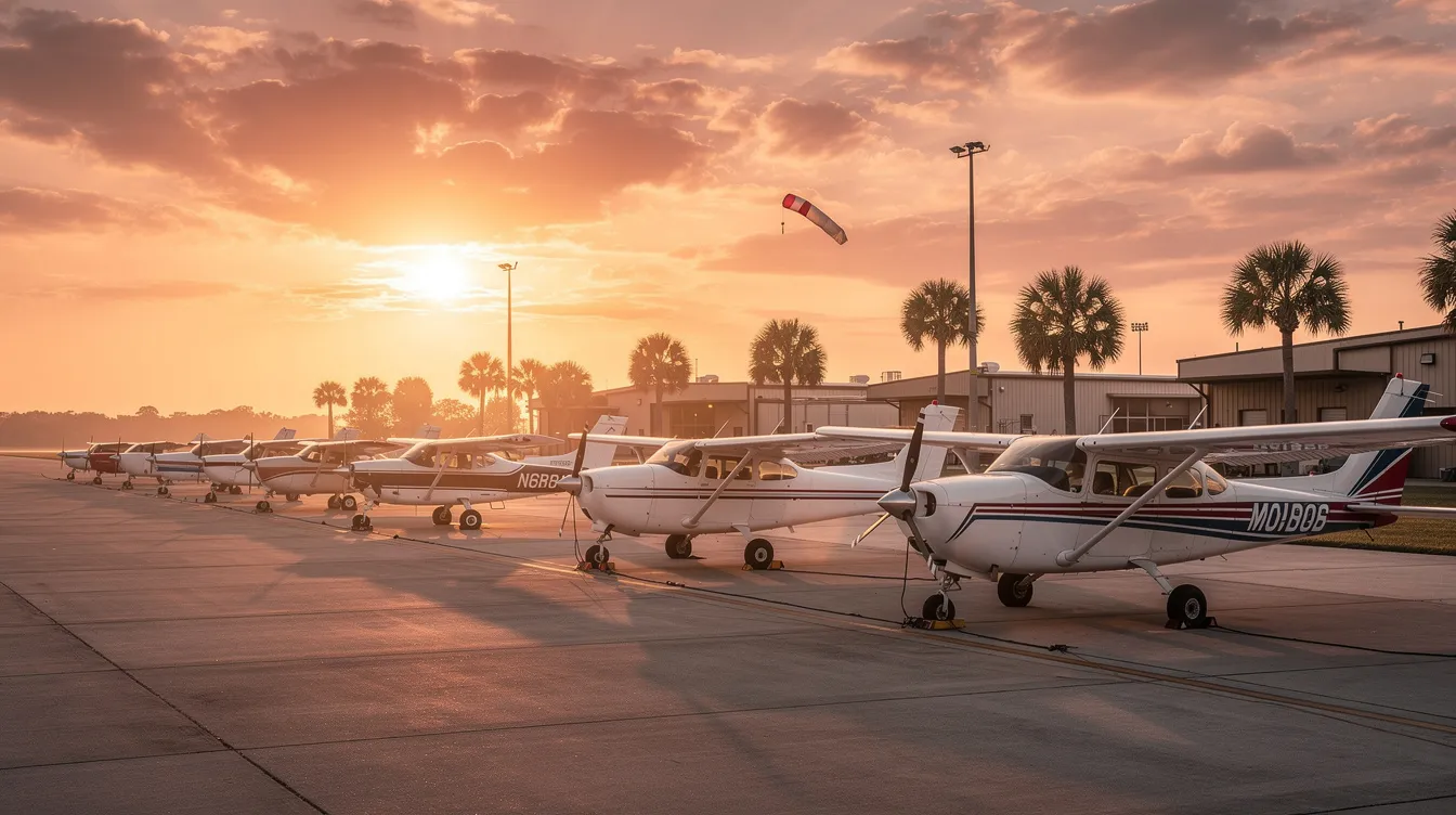 The image depicts a vibrant sunset casting warm hues over a Florida general aviation airport, where several small aircraft are securely tied down on the ramp, symbolizing the flight training opportunities available for aspiring pilots. This serene scene captures the essence of aviation, highlighting the importance of flight schools and the journey towards obtaining a private pilot license.