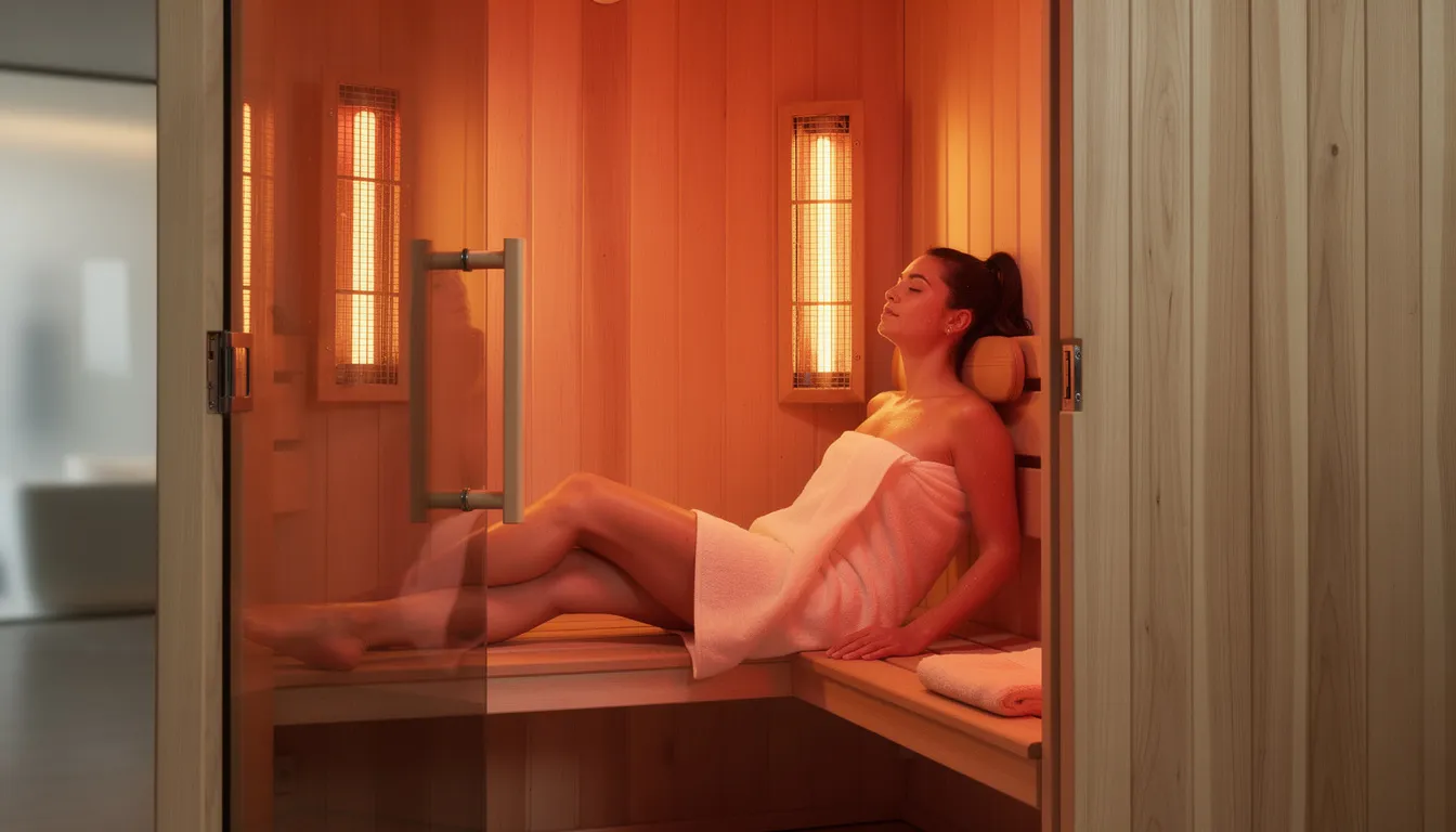A relaxed person is seated inside a wooden infrared sauna cabin, surrounded by warm ambient lighting that enhances the tranquil atmosphere. The sauna features a control panel that allows users to manage the temperature and advanced features for an ideal sauna experience.
