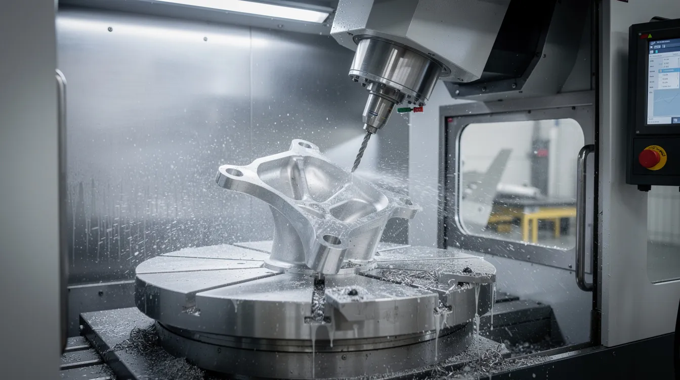 The image depicts a five-axis CNC machining center actively cutting a complex aerospace bracket made of titanium, showcasing the precision machining capabilities essential for high-quality aerospace components. This process is part of the broader CNC manufacturing services that adhere to stringent ISO certification standards, ensuring tight tolerances and customer satisfaction in the competitive US CNC machining market.