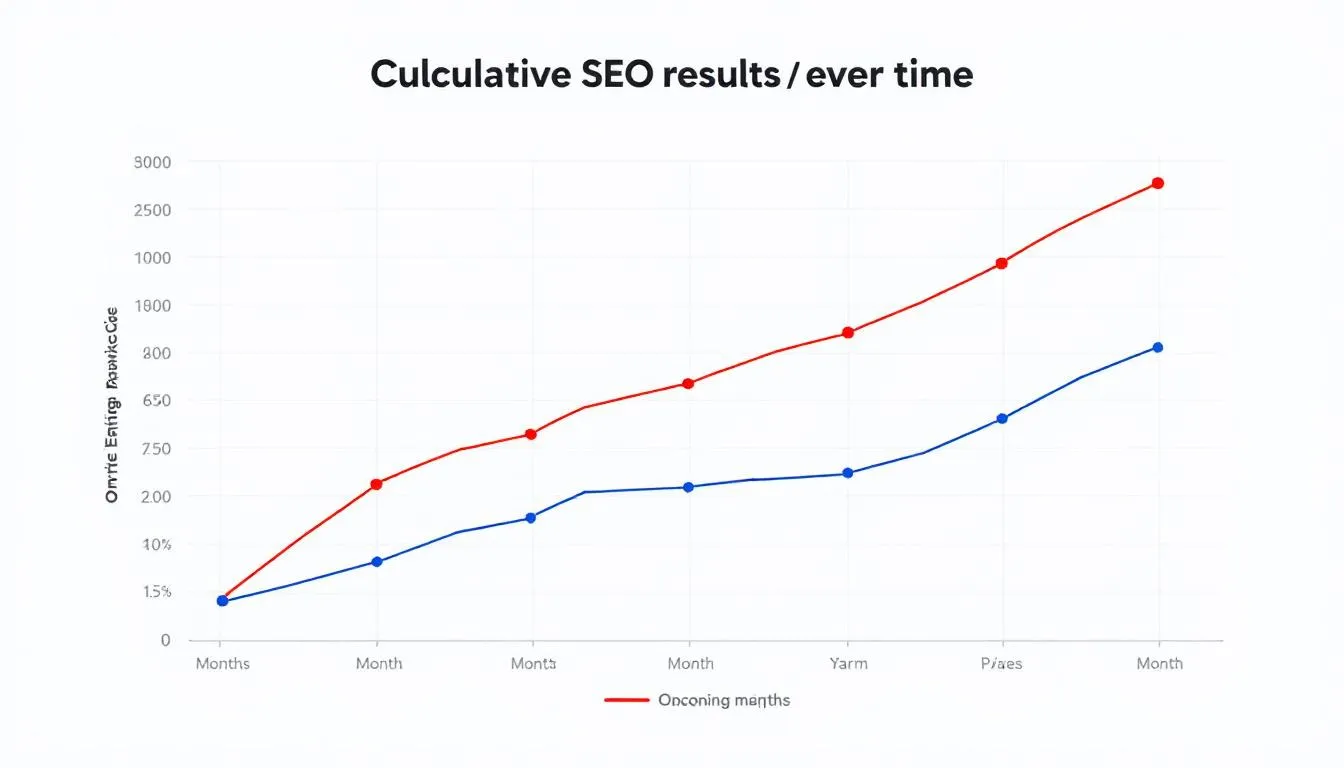 The image depicts a graph illustrating the cumulative SEO results over time, contrasting the effectiveness of ongoing SEO services with one-time SEO projects. It highlights how ongoing efforts, such as regular optimization and content creation, lead to sustained search visibility and long-term growth compared to the immediate but limited impact of one-time fixes.