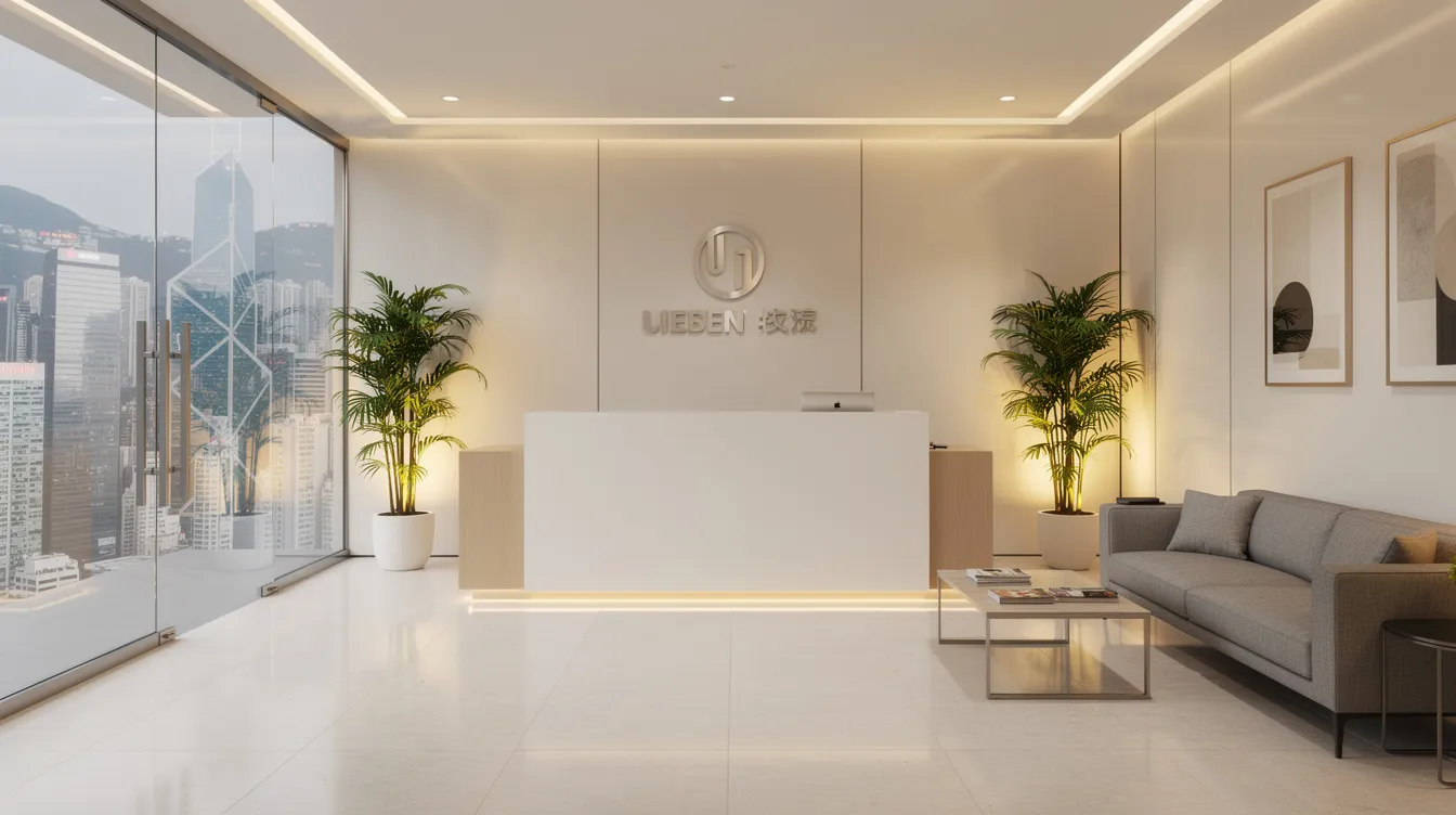 The image depicts a modern and clean office reception area in Hong Kong, featuring warm lighting that creates a professional atmosphere. The sleek design and organized layout invite visitors into a welcoming space, ideal for financial companies and discussions about services like 清 數 and private loans.