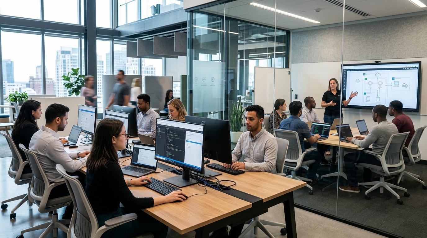 Modern educational and enterprise setting with users launching software instantly from browsers while another team engages in hands-on cloud training guided by an instructor.