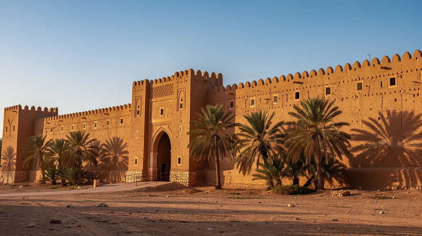 الأسوار ديال الطين فتيزنيت وحداها النخل تحت سماء صافية.