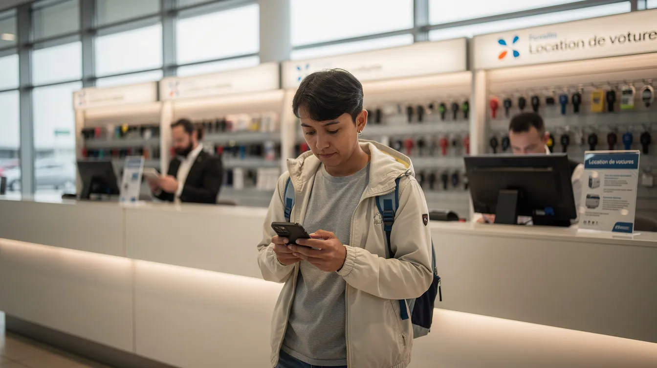Une personne consulte son smartphone devant un comptoir d'une agence de location de voitures au Maroc, probablement pour vérifier les détails de sa réservation ou les options de véhicules disponibles. Le comptoir affiche des informations sur les tarifs et les services de location de voitures.