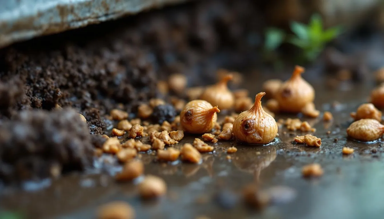 A close-up of animal droppings near a crawl space entrance, indicating potential wildlife infestation.