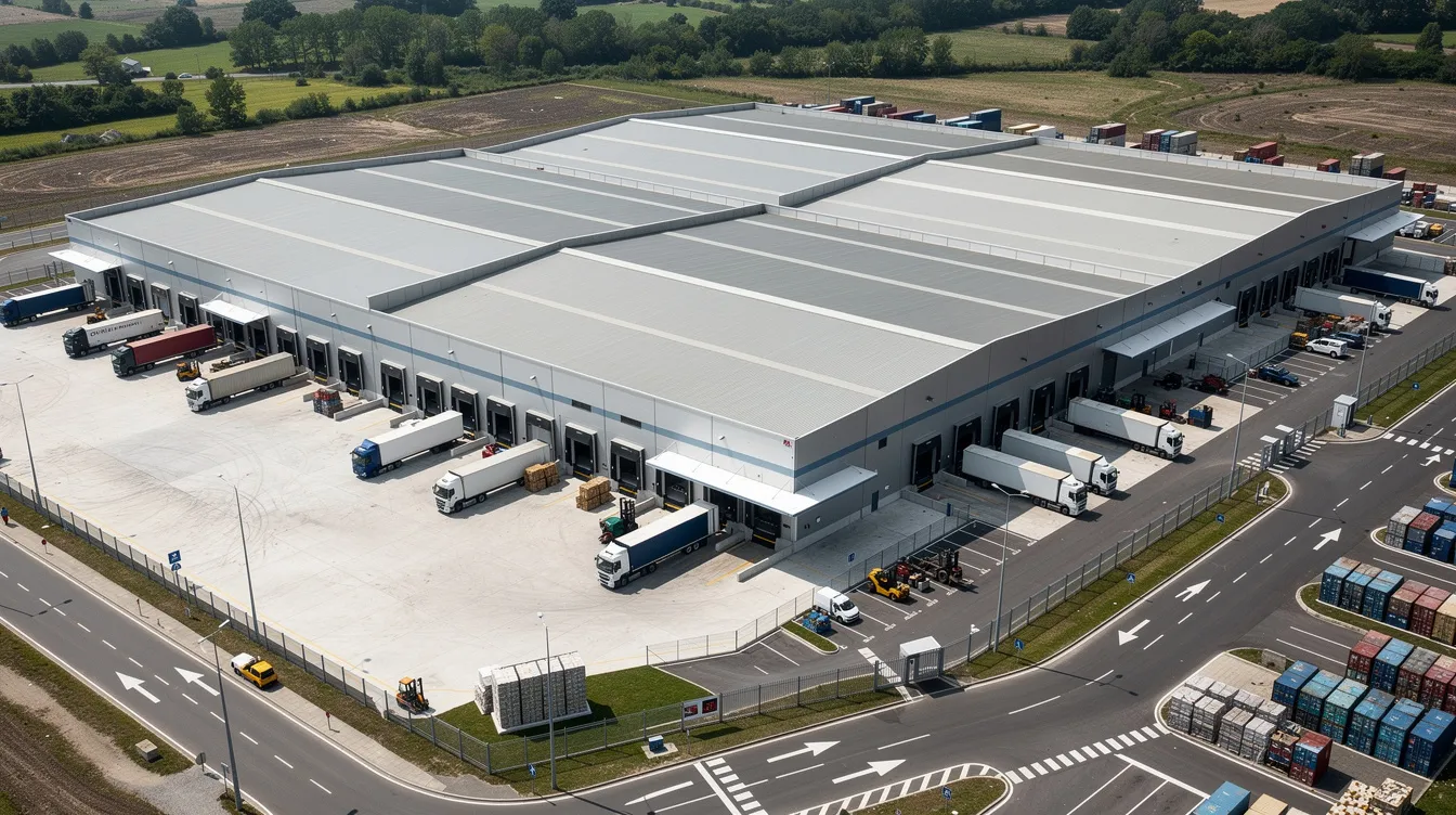 An aerial view of a large industrial processing facility showcases multiple warehouses and truck loading bays, designed for the efficient food processing of various grains such as wheat, rice, and pulses. The facility is equipped with special machines for high grading quality, including devices for removing impurities and foreign materials from the food grains.