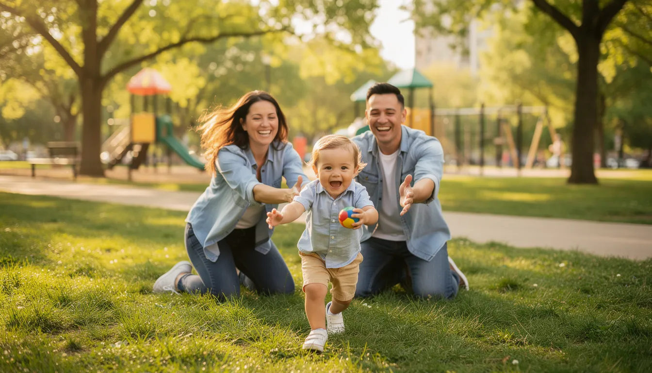 A joyful family is seen playing in a park, with a young child laughing and enjoying their time together. This scene captures the essence of parental leave and the happiness that comes with spending quality time with loved ones.