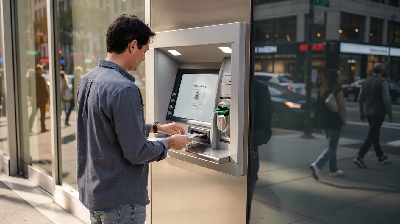 A person is withdrawing cash from an ATM machine in a bustling urban environment, showcasing the accessibility of banking services in Tanzania. This scene highlights the importance of financial inclusion and the role of commercial banks like Stanbic Bank and CRDB Bank in providing secure transactions for their clients.