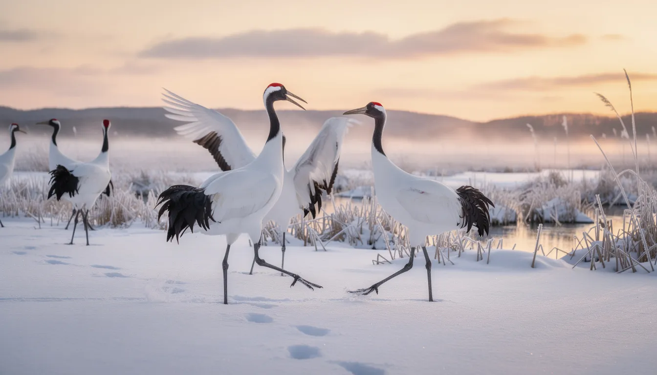 Una pareja de elegantes grullas coronadas de rojo baila con gracia en un pantano cubierto de nieve al amanecer, encarnando la belleza y el simbolismo de la cultura japonesa, ya que a menudo se asocian con la buena fortuna y la armonía matrimonial. Esta escena serena refleja la profunda conexión entre la naturaleza y el arte japonés, capturando la esencia de estas aves auspiciosas en invierno.