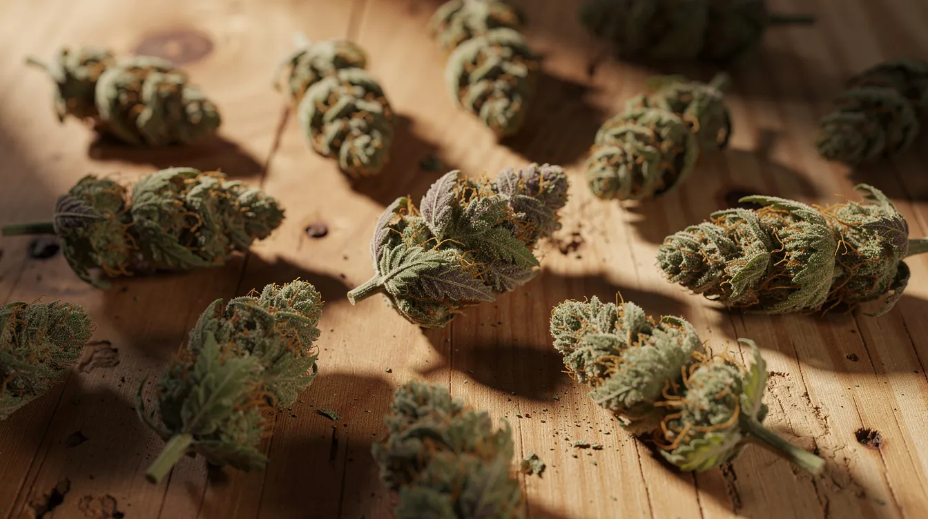 The image features dried hemp flower buds beautifully arranged on a natural wooden surface, illuminated by warm lighting, highlighting their rich textures and earthy tones. This depiction emphasizes the allure of hemp-derived products, including smokable hemp flower, which is gaining attention in discussions about the legal status of cannabis and its therapeutic uses.