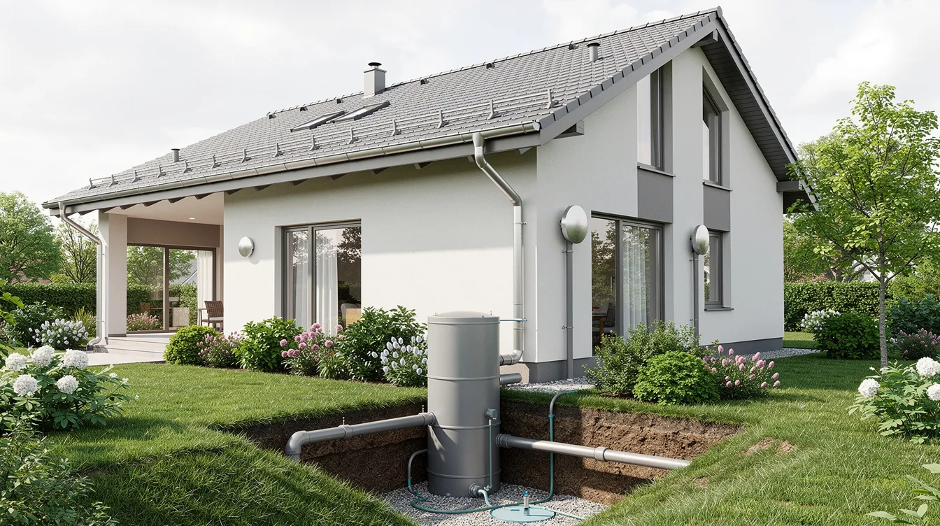 L'image montre une maison individuelle entourée d'un jardin verdoyant, avec des gouttières qui se raccordent à un système de récupération d'eau de pluie. Ce dispositif, fabriqué en polyéthylène haute densité, permet de stocker l'eau de pluie pour un usage domestique comme l'arrosage ou le lavage.
