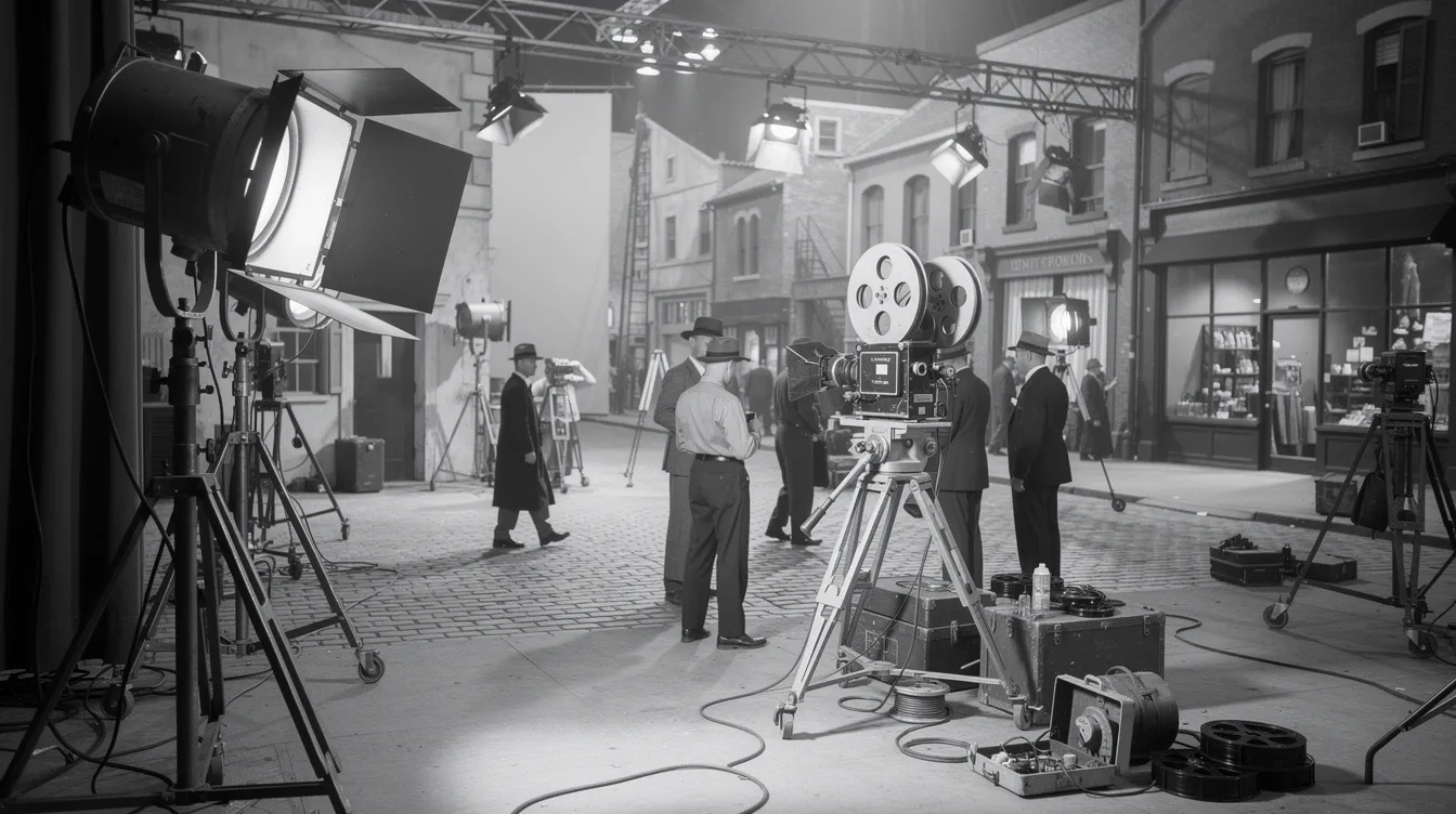 Die Schwarz-Weiß-Aufnahme zeigt ein Filmstudio der 1940er Jahre, ausgestattet mit großen Scheinwerfern und einer Filmkamera auf einem Stativ, vor einer nachgebauten Straßenkulisse, die an die Zeit von Frank Capra und seinen Klassikern wie "It's a Wonderful Life" erinnert. Diese Szenerie vermittelt das Gefühl von Nostalgie und dem kreativen Geist der damaligen Filmproduktion.