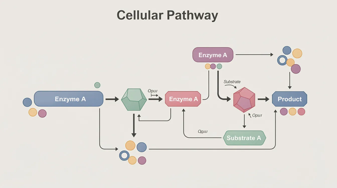 The image is a diagram illustrating a cellular pathway, featuring abstract shapes representing molecules and enzymes, interconnected by arrows. This visual representation highlights key processes related to metabolic dysfunction and oxidative stress, which are important in understanding conditions like diabetic kidney disease and the effects of natural molecules such as apigenin on cellular health.