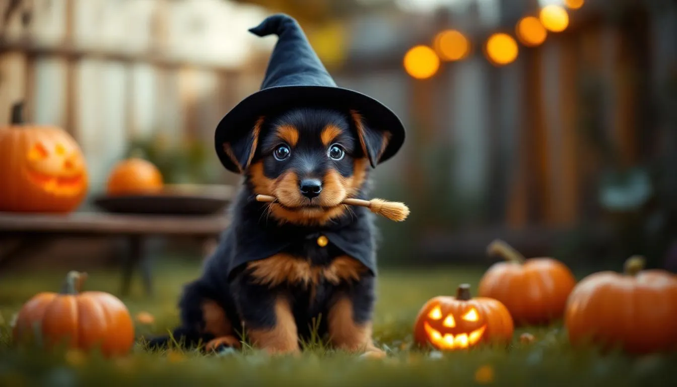 A black and orange puppy dressed in a tiny Halloween costume sits among several carved jack-o
