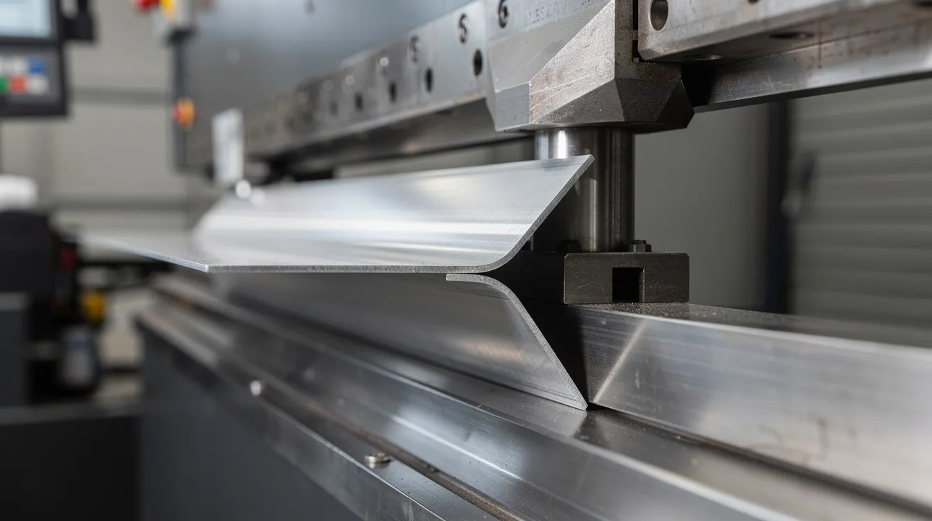 A close-up view of a CNC press brake machine demonstrates the precise bending process of a sheet of aluminum into a 90-degree angle, showcasing the intricate details of metal bending and the accurate tooling required for achieving tight tolerances in sheet metal fabrication. The image highlights the machine's bending equipment and the material's thickness, emphasizing the importance of achieving the desired bend angle.