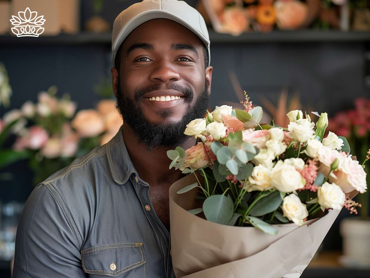 Cheerful florist in a cap holding a delicate bouquet of assorted large pastel flowers, showcasing the personal touch of Fabulous Flowers and Gifts.
