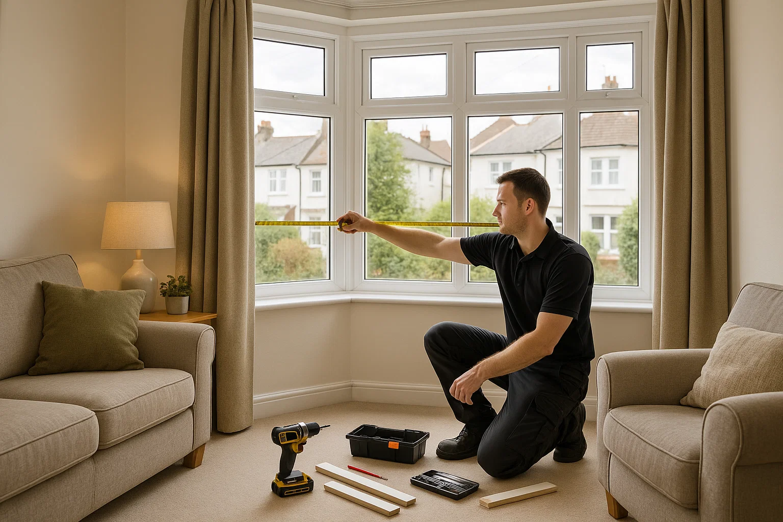 Professional measuring a bay window for made-to-measure shutters in a UK home