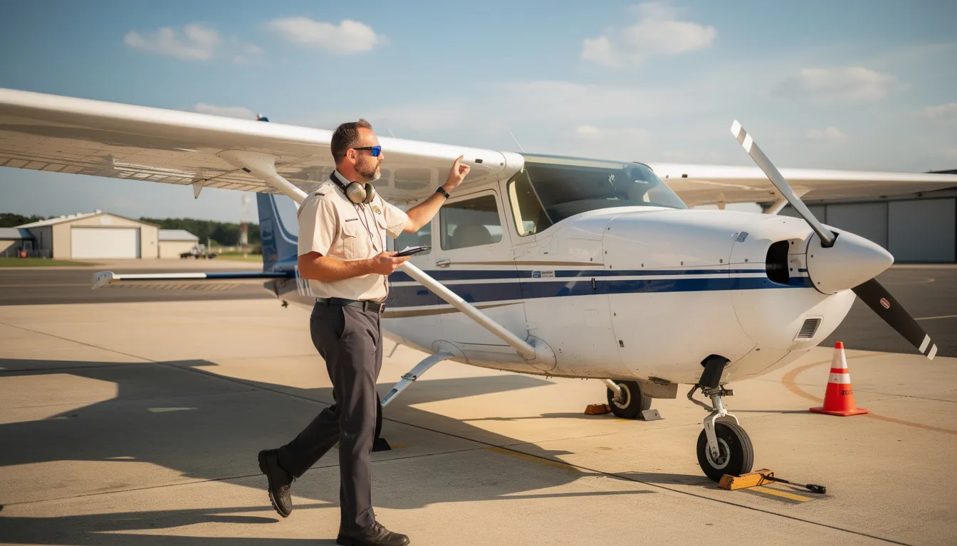 A pilot is performing a preflight walk-around inspection of a Cessna 172, a popular training aircraft known for its strong safety record, on a sunny day. The scene captures the pilot checking the aircraft's exterior, including the landing gear and fuel tanks, highlighting the importance of aviation safety before flight.