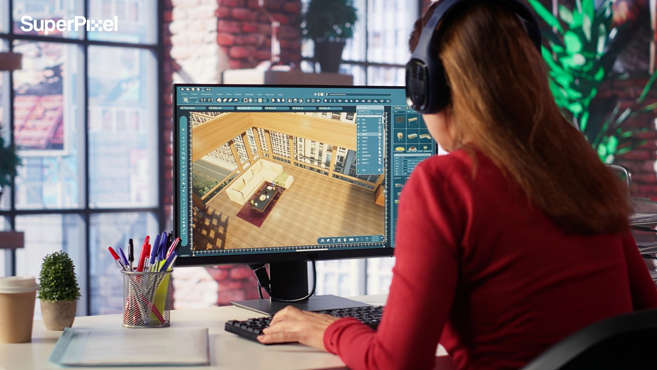 Designer interacts with digital technology to produce a virtual home set