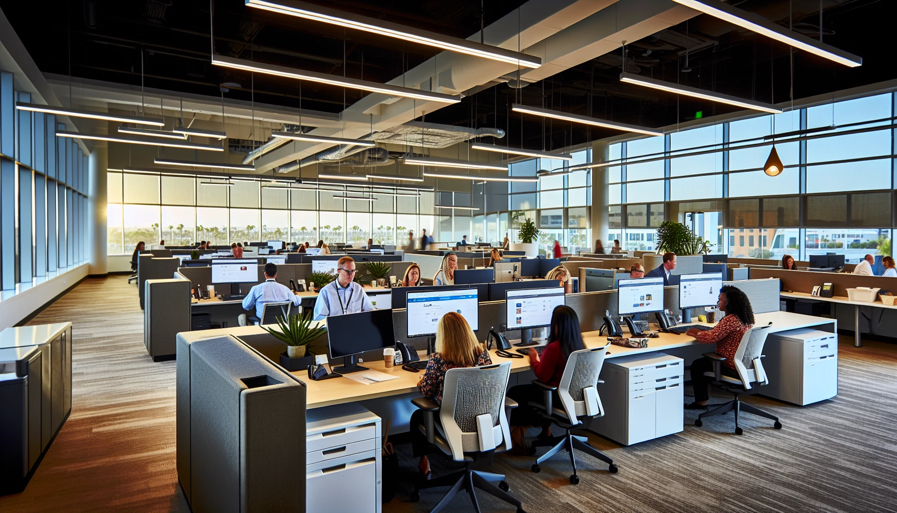 A modern office setting with employees utilizing technology for benefits management in Newport Beach, CA.