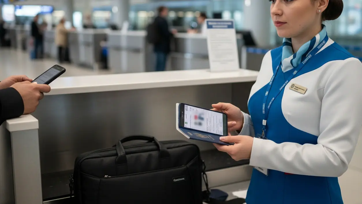 Airline staff reviewing corporate travel desk booking and onward ticket proof
