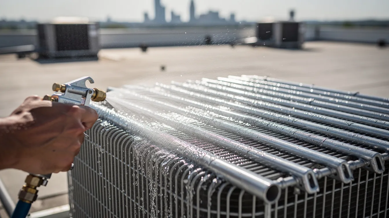 A close-up view captures an individual spraying low-pressure water onto the condenser coils of a Coleman Mach air conditioner unit, an essential step in regular maintenance to ensure the AC unit is cooling properly. The image highlights the importance of keeping the condenser coils clean for optimal performance and efficiency of the air conditioning system.
