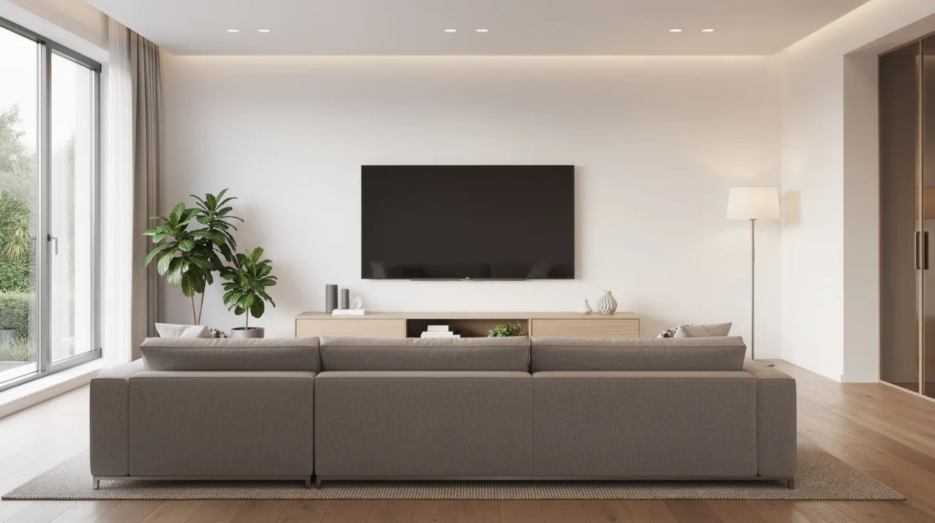 A modern living room features a sleek wall-mounted television with neatly hidden cables, creating a clean and organized look. This setup is ideal for those seeking efficient installation, such as dstv installation services, ensuring a seamless viewing experience without visible clutter.