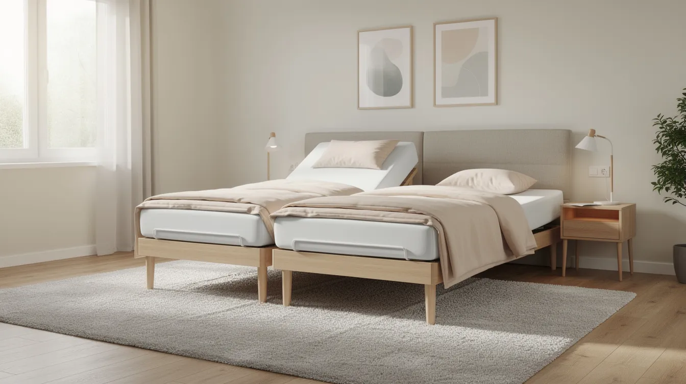 Een lichte slaapkamer met een deelbaar seniorenbed, bestaande uit twee losse matrassen en een zacht vloerkleed, biedt een huiselijke uitstraling en extra gemak voor ouderen. Het elektrisch verstelbare seniorenbed zorgt voor de juiste instaphoogte en persoonlijk slaapcomfort.