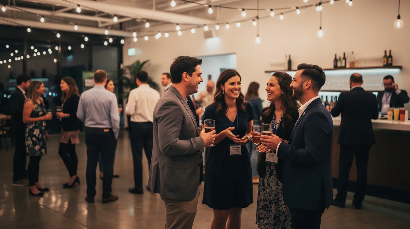 The image depicts a lively social mixer event where small groups of people are engaged in conversation and laughter, surrounded by a modern venue adorned with string lights. The atmosphere suggests a fun way for individuals to connect and explore potential romantic relationships through shared interests and emotional connections.