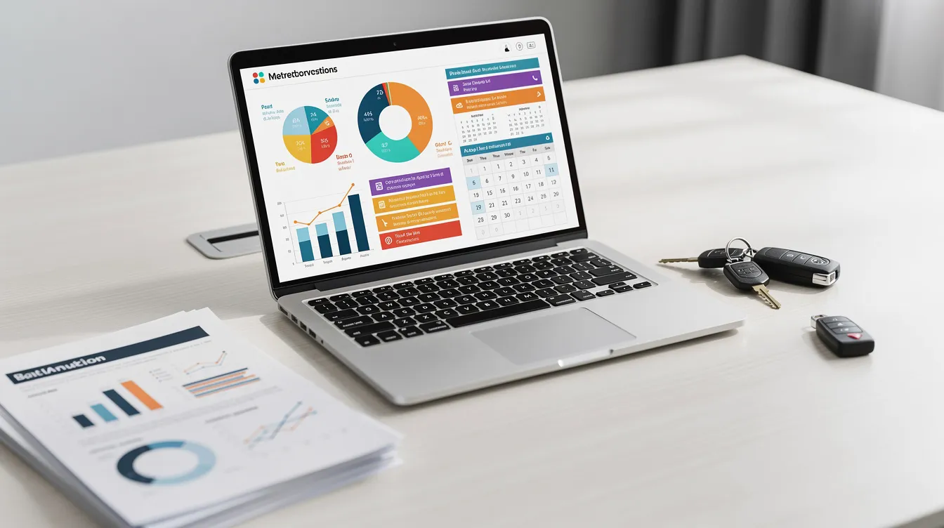 Escritorio moderno de oficina con un laptop que muestra gráficos coloridos y un calendario, junto a llaves de coche y documentos. Este ambiente refleja un espacio de trabajo eficiente para la gestión de alquiler de vehículos y atención al cliente.