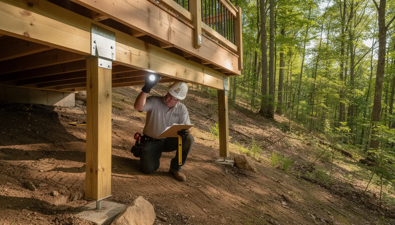 Deck Materials Performance,Sparta deck materials 4 A Contractor Is Inspecting The Deck Substructure Joists On A Sloped Wooded Lot, Ensuring The Integrity Of The Foundation For A New Deck. The Scene Highlights The Importance Of Quality Materials And Durability In Deck Remodeling, As The Contractor Evaluates The Structure For Potential Moisture Damage And Other Maintenance Concerns.