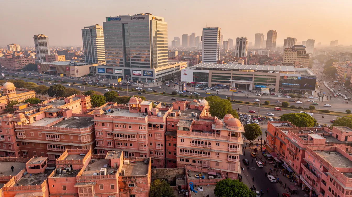 58894ace 2e58 42d8 880c 1ae3ff420a81 An aerial view of Jaipur's skyline showcases a blend of historic pink buildings and modern commercial developments, highlighting the city's rich cultural heritage and its status as a fast-growing business hub. This vibrant landscape reflects various business opportunities, from local food outlets to innovative startups, catering to both domestic and international customers.