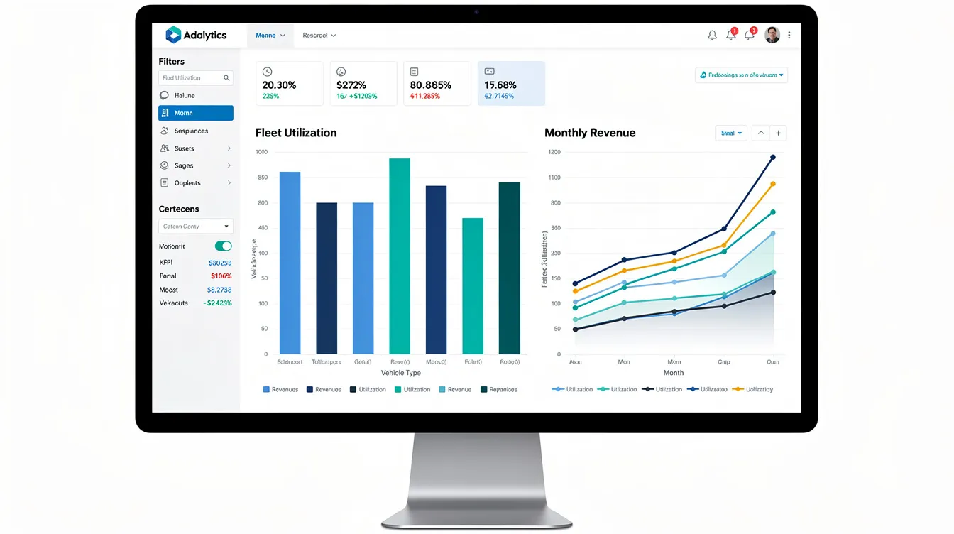 The image depicts an analytics dashboard featuring bar charts that illustrate fleet utilization rates alongside line graphs representing monthly revenue trends, providing insights for car rental businesses to manage reservations and optimize their rental operations. This visual tool aids rental operators in enhancing customer satisfaction and streamlining their fleet management processes.