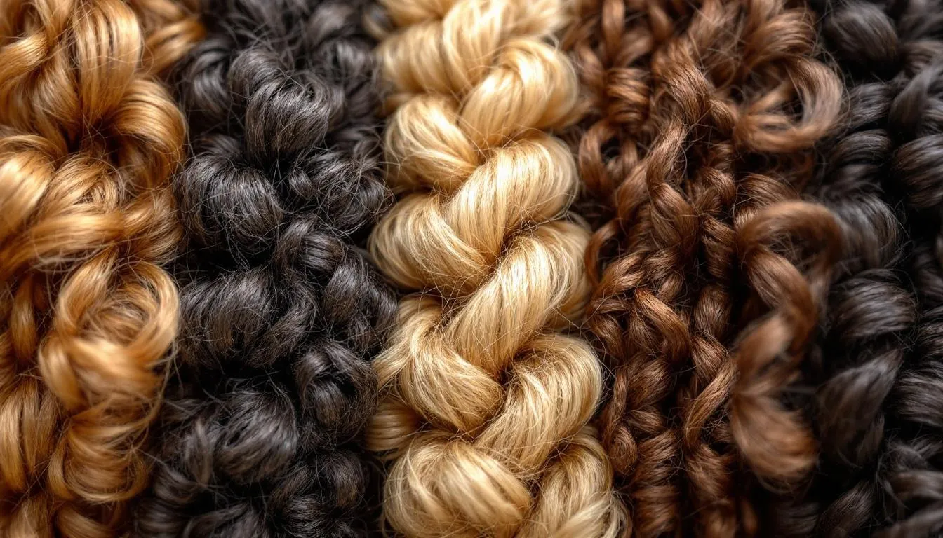 A close-up image showcases various curly dog coat textures, highlighting different curl patterns and sizes, including tight curls and corkscrew curls typical of curly haired dog breeds like the poodle and Portuguese water dog. The rich, healthy fur reflects the importance of regular grooming and coat maintenance for these curly coated dogs.