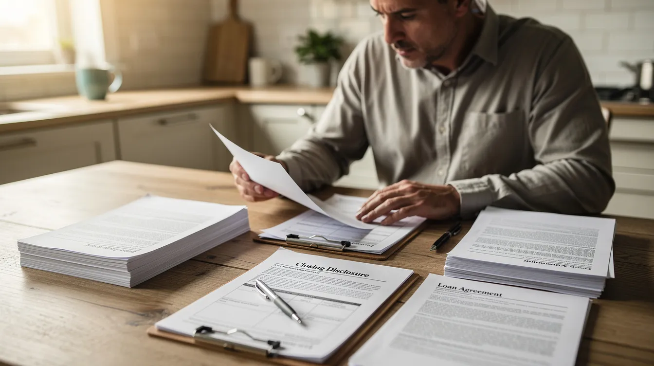 The image shows a person meticulously examining a stack of real estate closing documents on a kitchen table, highlighting the importance of understanding closing costs and the various fees involved in real estate transactions, such as brokerage fees and administrative fees. This scene emphasizes the need for careful review of buyer agreements to avoid any potential unfair and deceptive practices.
